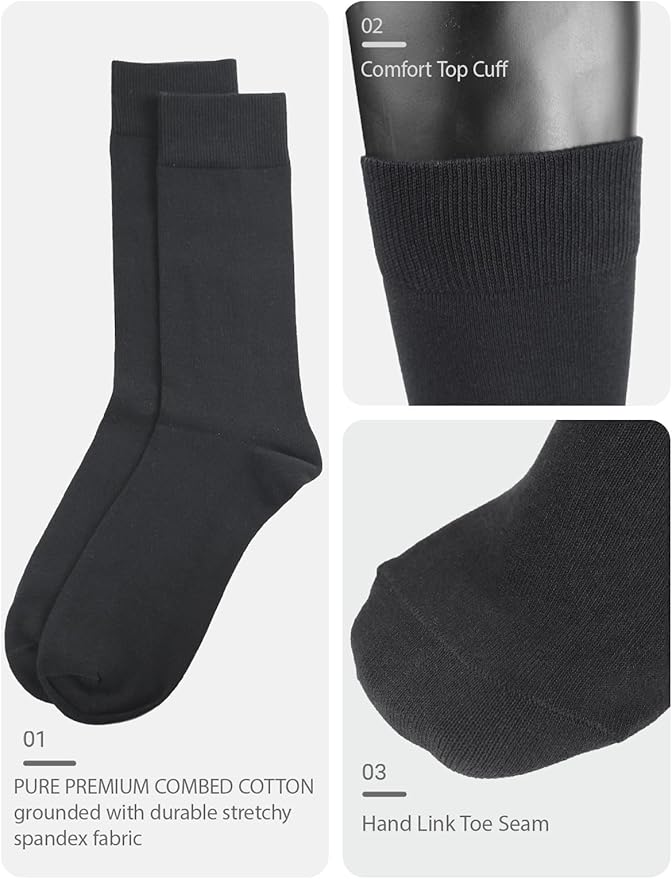 COTTON DAY Men's Premium Soft Combed Cotton Trouser Dress Socks Seamless Toe Black Navy Blue Striped