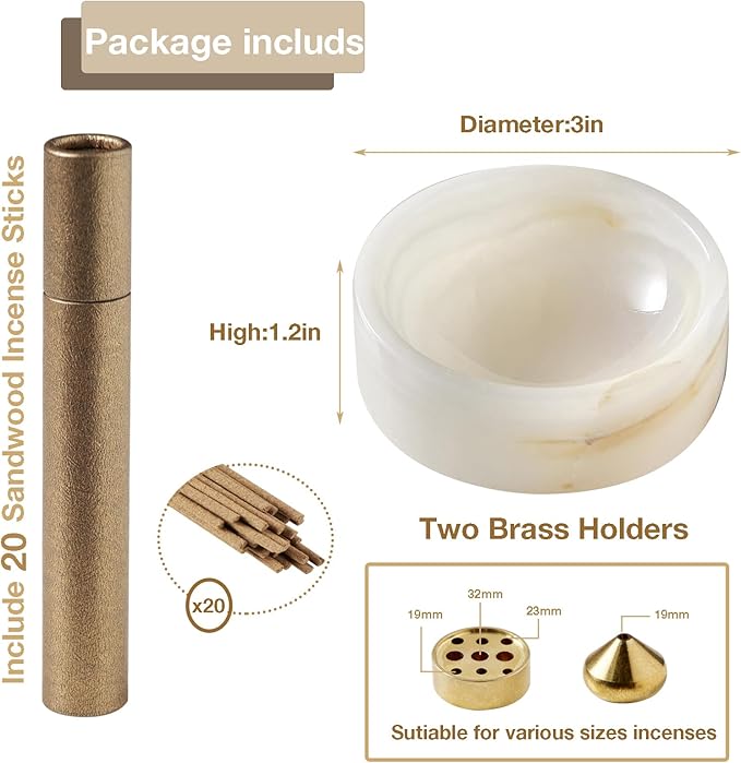 Pearly Onyx Japanese Incense Holder for Sticks, Cone Ash Catcher Bowl,Marble Incense Stand Set with Sandalwood Sticks & 2 Brass Burners, Minimalist, Zen, White