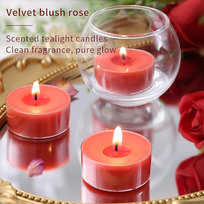 12 Pack Fresh Rose Scented Tea Lights Candles, 4-5 Hours Natural Palm Tea Candles Bulk for Home Scented, Small Tealight Votives with Essential Oils for Home, Wedding, Baby Shower Favors & Gifts