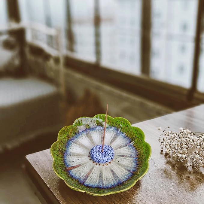 Ceramic Incense Holder for Sticks, Handmade Incense Burner Trays with 3 Pcs Incense Holes, Multi-Purpose Ash Catcher for Coils, White Sage & Palo Santo, Smudge Bowl for Meditation, Yoga, Decor (Green)