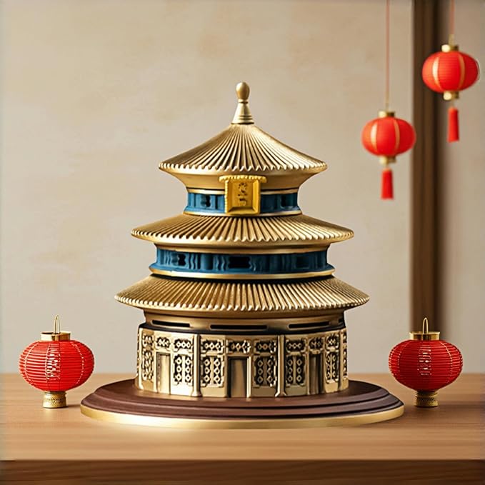 Chinese Temple of Heaven Incense Burner - Heavy 1050g Solid Brass 3-Layer Censer with Lid, Feng Shui Altar Decor for Cones, Sage, Resins, 5x5x5 Inch Natural Brass Meditation Gift