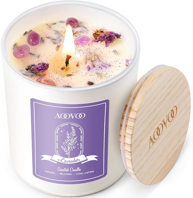 AOOVOO Lavender Scented Candles for Women - Aromatherapy Candle with Crystals Inside, 10oz Soy Candles for Home Scented, Birthday Gifts Mothers Day Candle for Women Mom