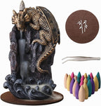 Dragon Backflow Incense Holder Waterfall Incense Burner, with 100 Backflow Incense Cones,1 Mat,1 Tweezers，Aromatherapy Ornamental for Home Office Yoga （Golden Dragon）