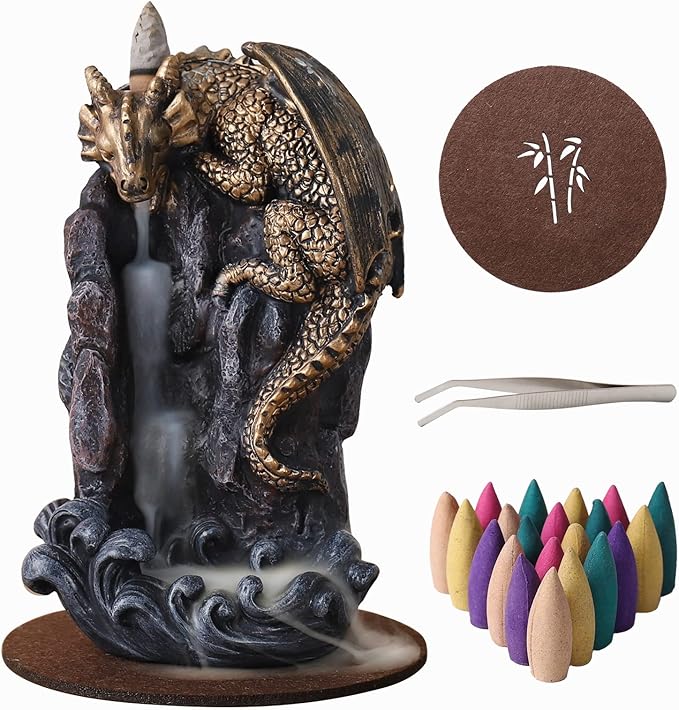 Dragon Backflow Incense Holder Waterfall Incense Burner, with 100 Backflow Incense Cones,1 Mat,1 Tweezers，Aromatherapy Ornamental for Home Office Yoga （Golden Dragon）