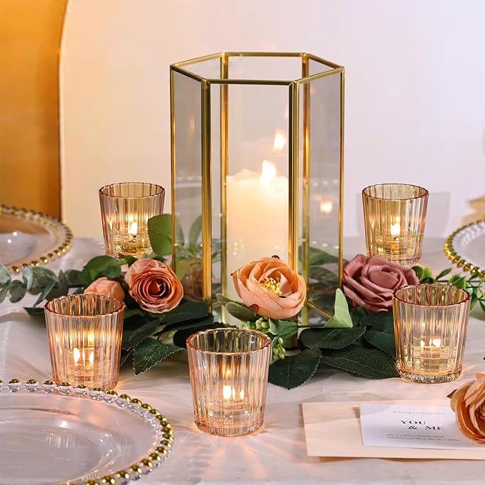 8PCS Vintage Ribbed Gold Votive Candle Holders, Glass Candle Holder for Wedding Decorations, Tealight Candle Holder for Table Centerpiece, Diwali, Home and Party Decorations