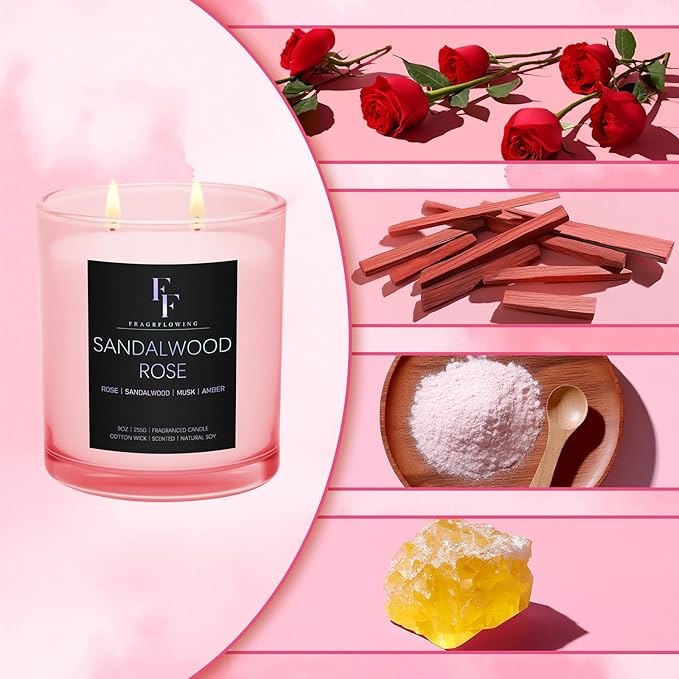 Sandalwood Rose Scented Candle, 2-Wick Luxury Soy Wax Candle, 9 oz Aromatherapy Candle Home Fragrance Candles Gift