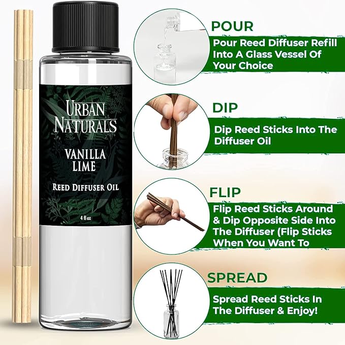 Urban Naturals Reed Diffuser Oil Refill, Vanilla Lime Citrus Essential Oils with Cane Sugar, Lime, Vanilla, 4 oz + Free Reed Sticks, Made in The USA