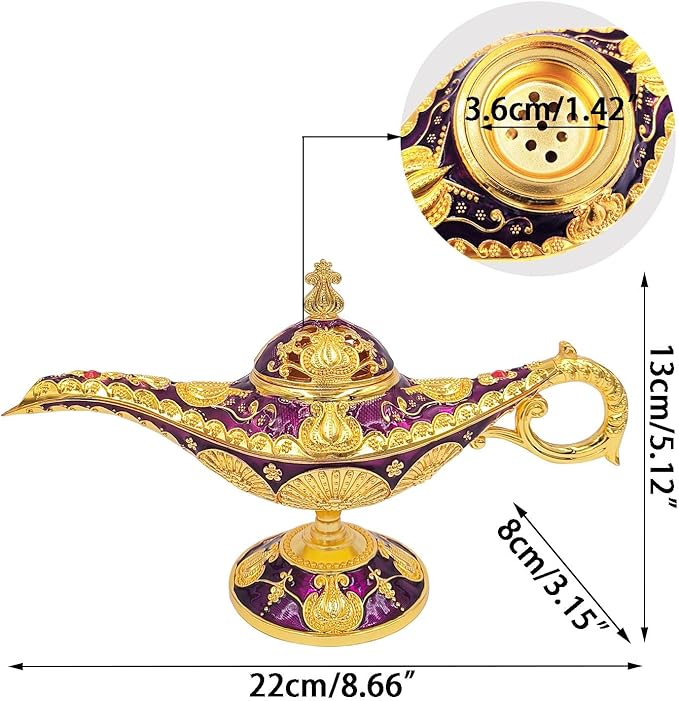 Vintage Aladdin Genie Lamp Cone Incense Holder,Legend Magic Lamp Incense Burner Arabian Costume Props,Wishing Light for Home Decor Birthday Party Wedding Purple