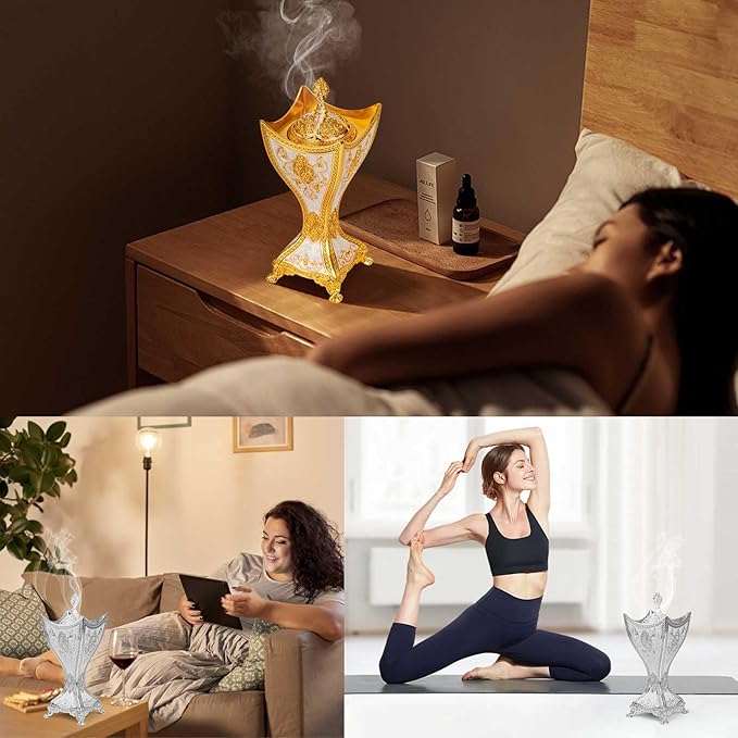 Bakhoor Incense Burner, 11Inches Charcoal Incense Burner - for Yoga, Spa Aromatherapy, Office & Home Decor, Trophy Shape (Silver)