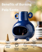 Handcrafted Palo Santo Holder, Incense Candle and Matchstick Mini Chiminea for Meditation Space, Wood Sticks and Bulk Incense, Blue