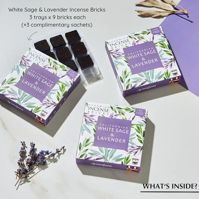 White Sage and Lavender Incense Bricks by Aromafume | 3x9 Bricks | Sage Incense for Cleansing Negative Energy & Protection | Sage for Smokeless Smudging & Spiritual Cleansing | Refill Pack