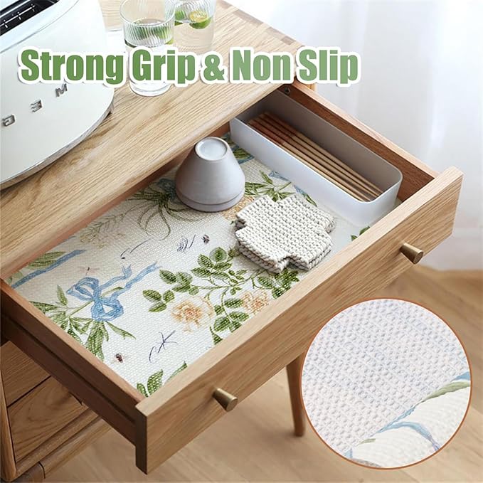Drawer and Shelf Liner for Kitchen Cabinets Non Adhesive Cabinet Liners Floral Shelf Liners Strong Grip Non-Slip Drawer Liner Waterproof Easy to Clean Cupboard Shelves Dresser Liner 15.7IN x 10FT
