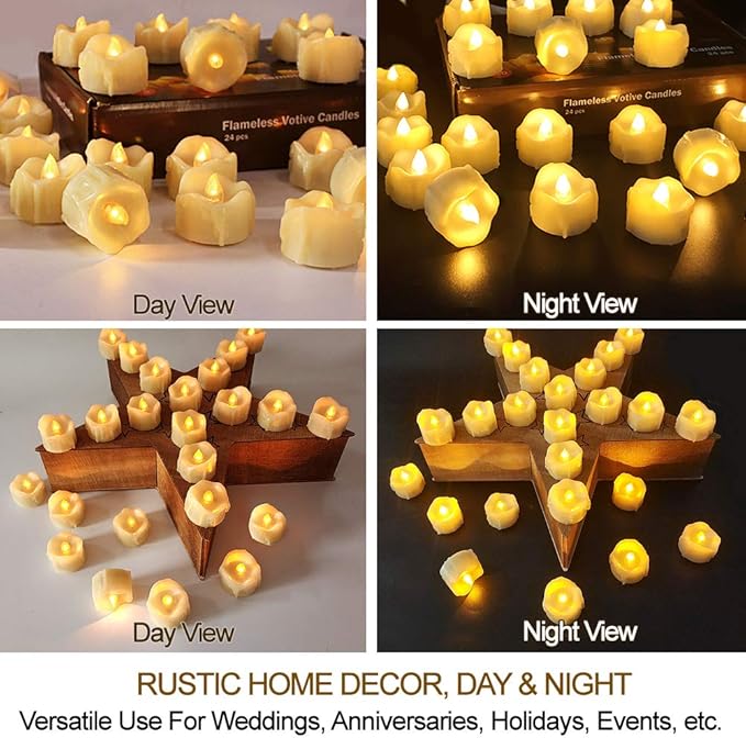Set of 24 LED Votive Candles with Remote and Timer (Cream) - LED Flameless Votive Candles Flickering - Valentines Day Decor Candle Battery Operated Bulk Rustic Wedding Decorations