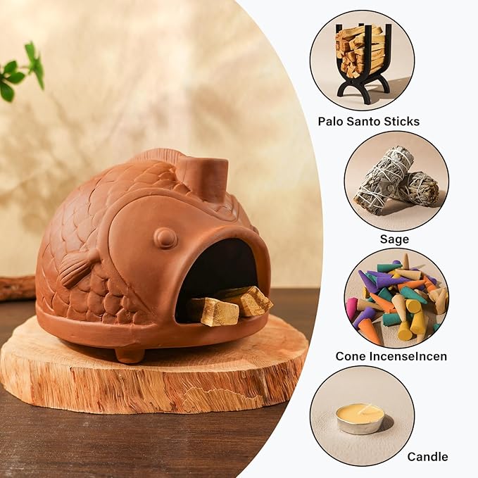 Large Fish-Shaped Terracotta Palo Santo Holder - Cone Burner for Sage,Chiminea Incense Dish with Chimney,Ideal for Meditation, Zen, Yoga, Spa & Wellness | Anxiety & Stress Relief Items