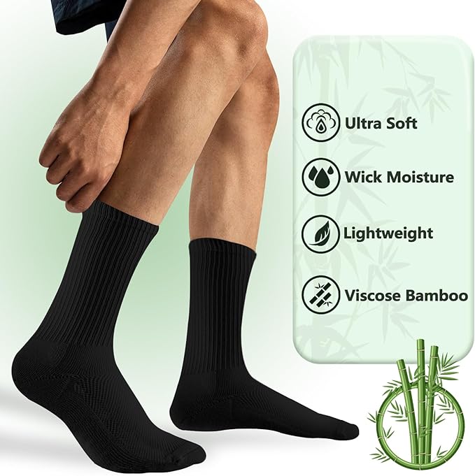 +MD Crew Socks for Men 6 Pairs, Viscose Bamboo Socks, Mens Dress Socks with Soft Cushioned, Smell Control, Black White