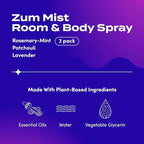 Zum Indigo Wild Mist Room & Body Spray - Aromatherapy Essential Oil Spray - Natural Body Mist & Room Spray - Rosemary-Mint, Patchouli & Lavender Scents - 4 fl oz (3 Pack)