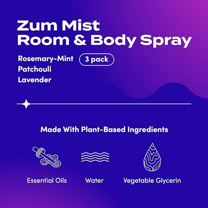 Zum Indigo Wild Mist Room & Body Spray - Aromatherapy Essential Oil Spray - Natural Body Mist & Room Spray - Rosemary-Mint, Patchouli & Lavender Scents - 4 fl oz (3 Pack)