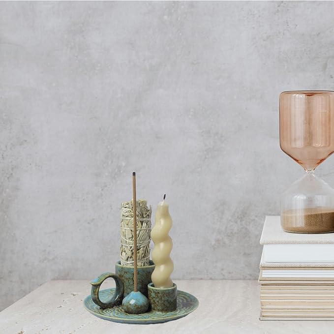 4 in 1 Incense Burner Holder for Sticks, Palo Santo Sticks Holder, Candle and Sage Holder for Burning Ceramic Ash Catcher Tray for Meditation Yoga Room Home Decor (Blue)