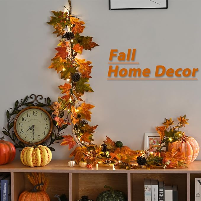 Artgar Fall Maple Leaf Garland, 6 Ft Fall Decor Garland with Pine Cones Berries, Harvest Decor Garlands with 30 Warm Lights for Fall Home Thanksgiving Fireplace Table Indoor Outdoor Porch Decor