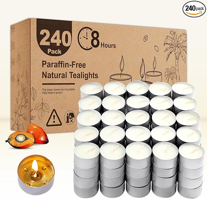 Unscented Tea Lights Candles 240 Pack, 8 Hours Long Burning,White Tea Candles Bulk, Bright Burn with Palm Wax,Smokeless Tealight Candles for Wedding,Centerpiece,Christmas Lights,Home Decorative