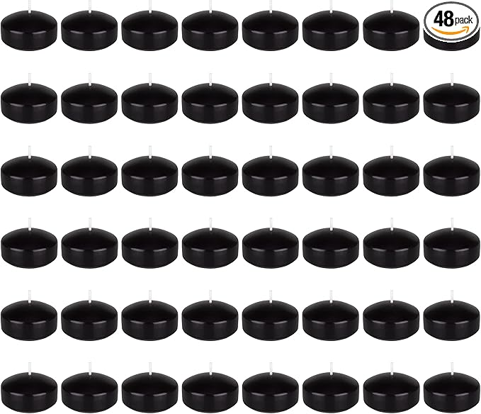 Mega Candles 48 pcs Unscented Black Floating Candles, Hand Poured Wax Candle 2 Inch Diameter, Home Décor, Wedding Receptions, Occasions, Festivities, Events, Meditations, Tranquility, Spa