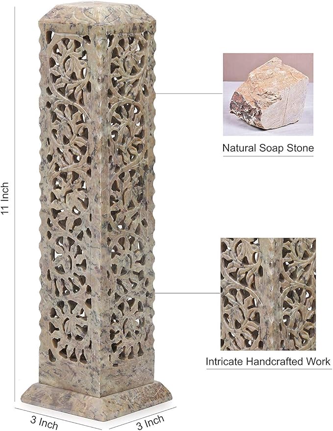 Carry Me Handmade Marble Soapstone Incense Stick Burner | Candle Stick Holder | Tea Light Stand - Perfect Incense Tower for Gifting. Decorative Home and Kitchen Decor (3 x 3 x 11 Inches)