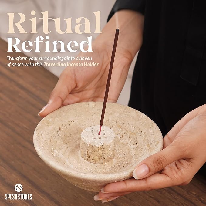 Marble Incense Holder 5.5 Inch Handmade Round Travertine Palo Santo Sticks Holder for Aesthetic Home & Bedroom décor, Inscents Stick Burner for Aromatherapy & Fragrance Accessories