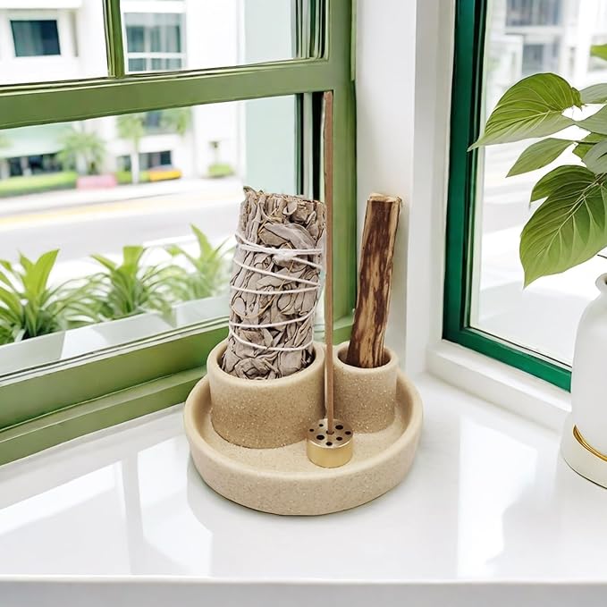4 in 1 Incense Holder, Ceramic Incense Stick and Palo Santo Holder,Sage Holder for Burning- 5.5" Ceramic Ash Catcher Tray for Meditation and Yoga Room (Sand Gravel)