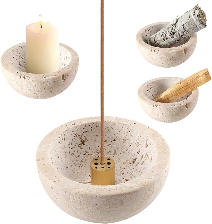 Incense Holder for Sticks and Cones - Handcrafted Limestone Incense Burner and Ash Catcher, Modern Stone Holder for Aromatherapy, Meditation, and Japanese Incense