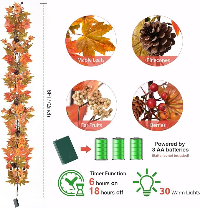 Artgar Fall Maple Leaf Garland, 6 Ft Fall Decor Garland with Pine Cones Berries, Harvest Decor Garlands with 30 Warm Lights for Fall Home Thanksgiving Fireplace Table Indoor Outdoor Porch Decor
