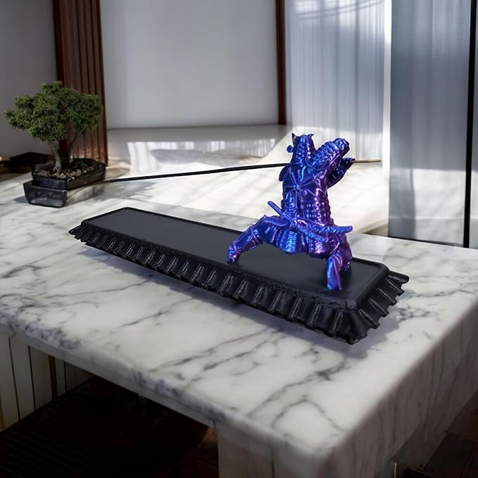 Samurai Incense Holder, Incense Burner with Storage Box, Ash Catcher, Warrior Incense Burner for Aromatherapy, Meditation, Yoga (Purple Blue Samurai & Black Box)