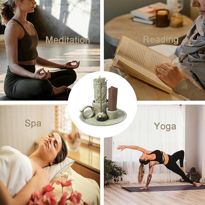 4 in 1 Incense Burner Holder for Sticks, Palo Santo Sticks Holder, Candle and Sage Holder for Burning Ceramic Ash Catcher Tray for Meditation Yoga Room Home Decor (Gray)