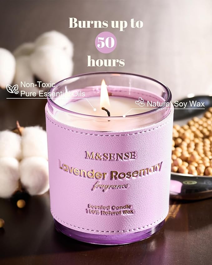 M&SENSE Lavender Rosemary Scented Candles, Vegan Soy Candles, Heavy Scented, 10oz 42-Hour Slow Burning Time, Toxic Free Winter Bathtub Aromatherapy Relaxing Spa, Fancy Gift for Home Decor