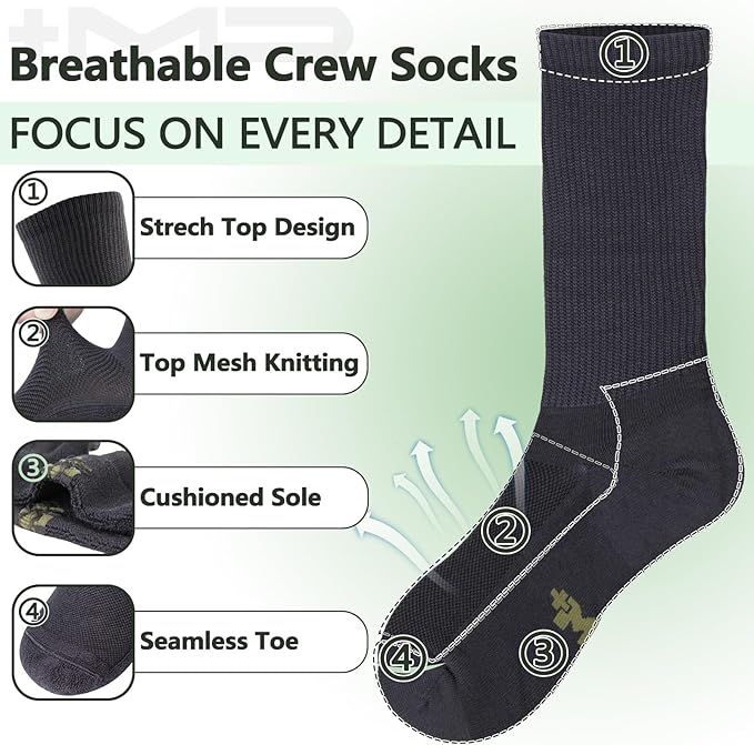 +MD Crew Socks for Men 6 Pairs, Viscose Bamboo Socks, Mens Dress Socks with Soft Cushioned, Smell Control, Black White