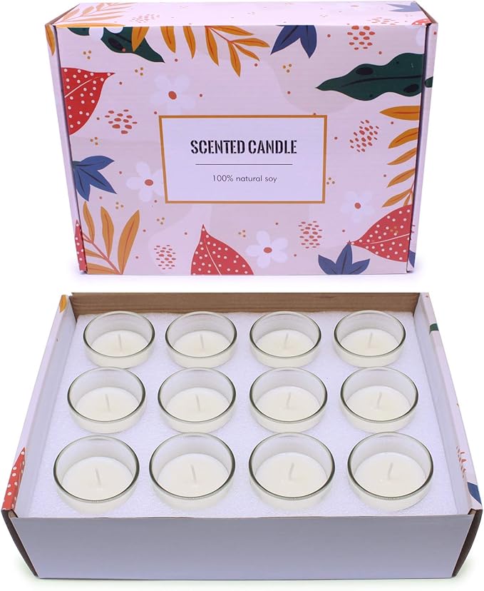 Set of 12 White Votive Candles Clear Glass Filled Unscented Soy Wax Candle for Home Décor Spa Weddings Birthday Holidays Party and DIY