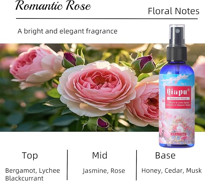 Natural Bedroom Linen Spray Scented Room Mist with Plant Extracts Long Lasting Freshness for Sheets, Pillows & Curtains –Ebony Agarwood + Misty Forest + Chamomile + Romantic Rose 4oz（4 Bottle）