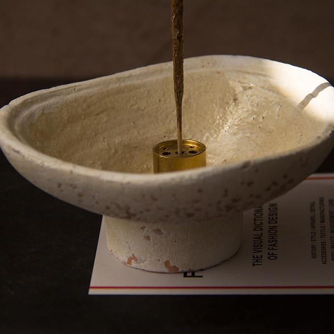 Handmade Rustic Terracotta Incense Holder, Wabi‑sabi Ceramic Palo Santo& Sage Sticks Bowl, Minimalist & Retro Blow, A Spiritual Decor for Yoga&Meditation (Off-White)