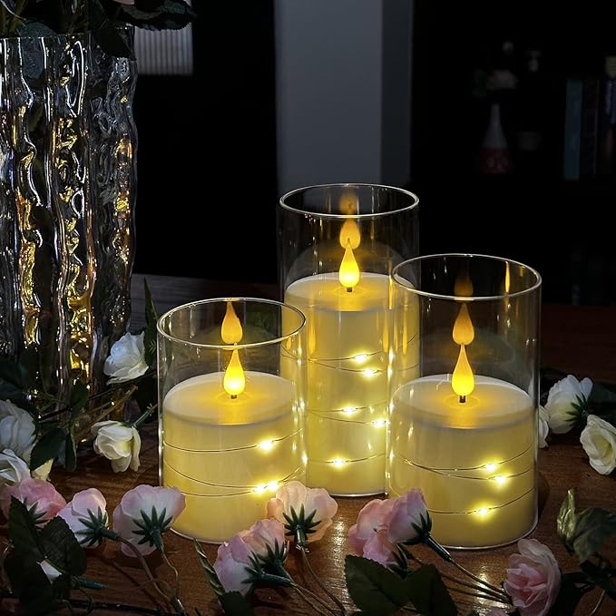 Flashing Flameless Candle with String Light, Battery Powered Candle, Recessed String LED Candle, Indestructible Plexiglass Candles with Remote Control, Set of 3, Ivory White