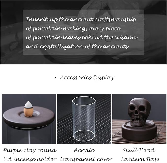 Skull Backflow Incense Burner Ceramic Holder with 45 Cones - Waterfall Smoke Aromatherapy Decor for Home, Yoga, Meditation - Unique Gift for Halloween, Gothic Decor (6.5" H)