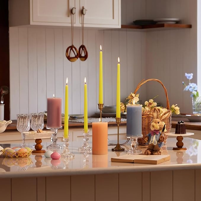 New Burning Formula Unscented Dripless 12-Inch Taper Candles Set of 12 - Yellow, for Wedding, Dinner - Smokeless, Long Burning - Hand Poured, Colored Tall Candlesticks - Amarillo