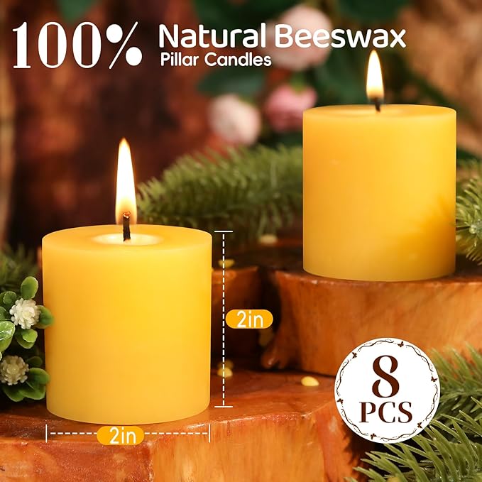2x2in-8PCS Beeswax Pillar Candles,160 Hours Long Burning Beeswax Candles for Emergency,Dripless Smokeless Non Toxic Bees Wax Candles