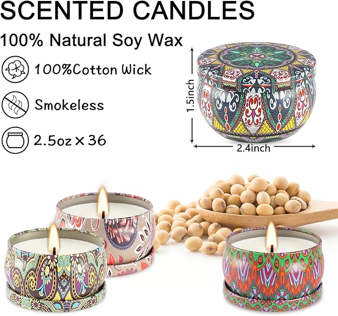 Scented Candles Gifts Set 36 Pack Soy Wax Travel Tin Jar Candles for Home 2.5 OZ Scented Candles for Mom for Christmas, Birthday, Thanksgiving, Mother's Day