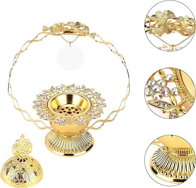 Metal Bakhoor Burner, Frankincense Resin Incense Burner, Charcoal Incense Burner, Incense Censer, Incense Burner for Yoga, Spa Aromatherapy Office Home Decor（Gold）