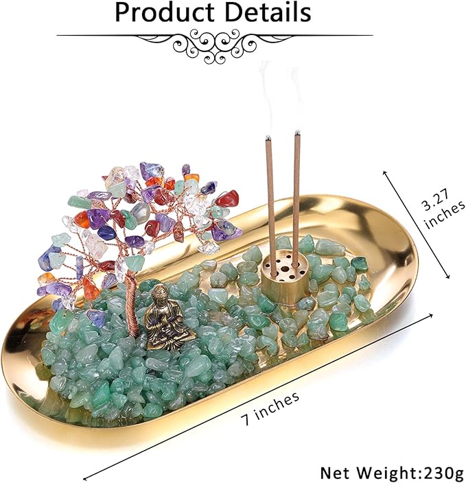 Jovivi Crystal Incense Holder for Sticks, Green Aventurine Healing Crystal Stone Money Tree Buddha Statue Set Incense Burner, Incense Trays for Wealth, Good Luck,Yoga Meditation Home Decor