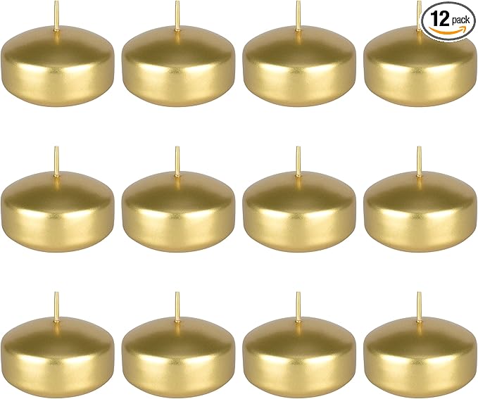Mega Candles 12 pcs Unscented Gold Floating Candles, Hand Poured Wax Candle 2 Inch Diameter, Home Décor, Wedding Receptions, Centerpieces, Occasions, Events, Festivities, Meditations, Spas