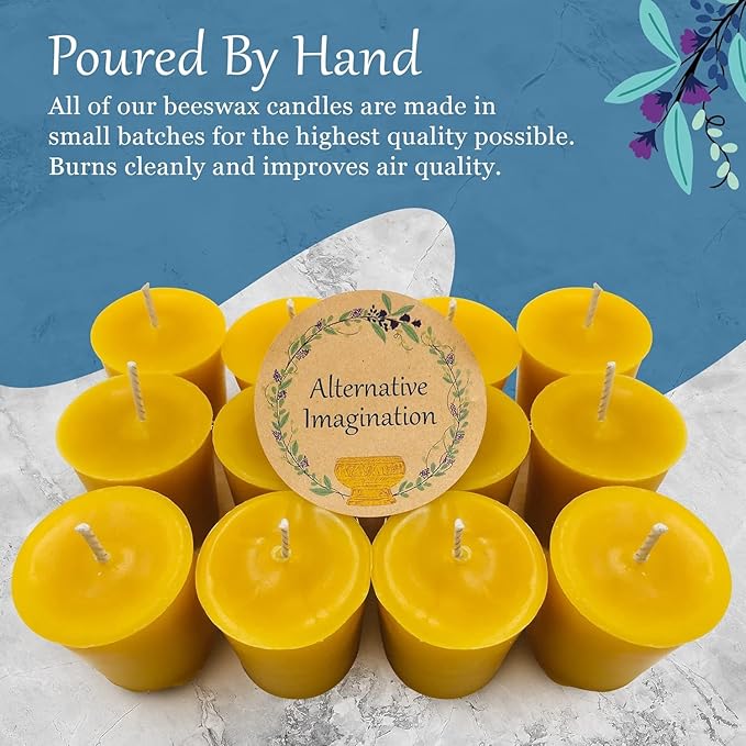 4 Pack of Beeswax Votive Candles - 100% Pure, Natural Beeswax with Natural Light Honey Scent - 15 Hour Burn - Alternative Imagination