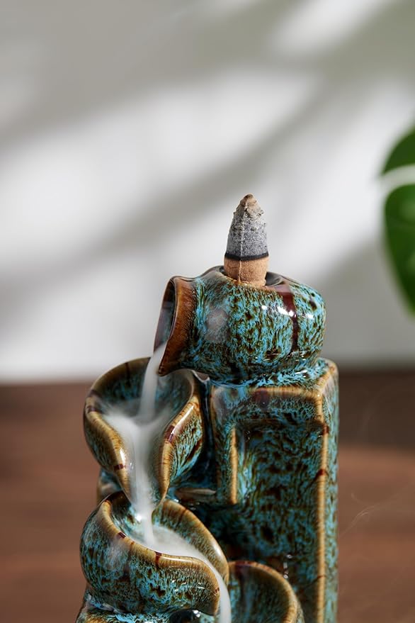 Unique Cascading Basins Ceramic Waterfall Incense Holder, Paired with a Pack of Backflow Incense Cones. (Fambe Blue)