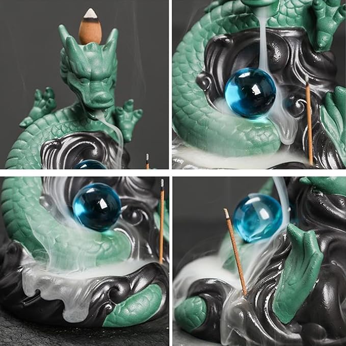 Dragon Waterfall Incense Burner,Backflow Incense Burner with 20 Incense Cones and 30 Incense Sticks，Ceramic Incense Cone Holder Used for Relaxation, Meditation, and Home Decoration (Green)