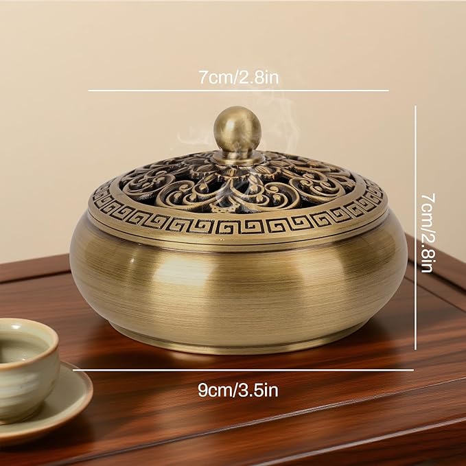 Copper Incense Burner with Stick Holder, Incense Stick Holder Cone Coil Holder with Fireproof Cotton for Madiation Yoga Spa Home Office Decor (Brass)