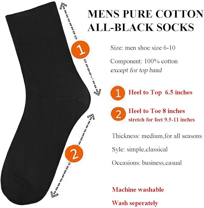 Ait fish Men's 100% Cotton Loose Cuff Crew Socks Lightweight Plain Dress Socks 5 Pairs